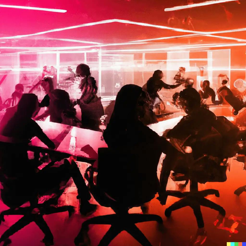 In a futuristic cityscape, neon-lit holographic images symbolizing key Scrum principles such as collaboration, iterative development, and adaptability, emerge around a group of individuals. They are deeply engaged in problem-solving, their faces illuminated by the glow of the holograms. The vibrant symbols, inspired by the aesthetics of Blade Runner 2049, represent the takeaways from the blog post on the benefits of using Scrum for software development.
