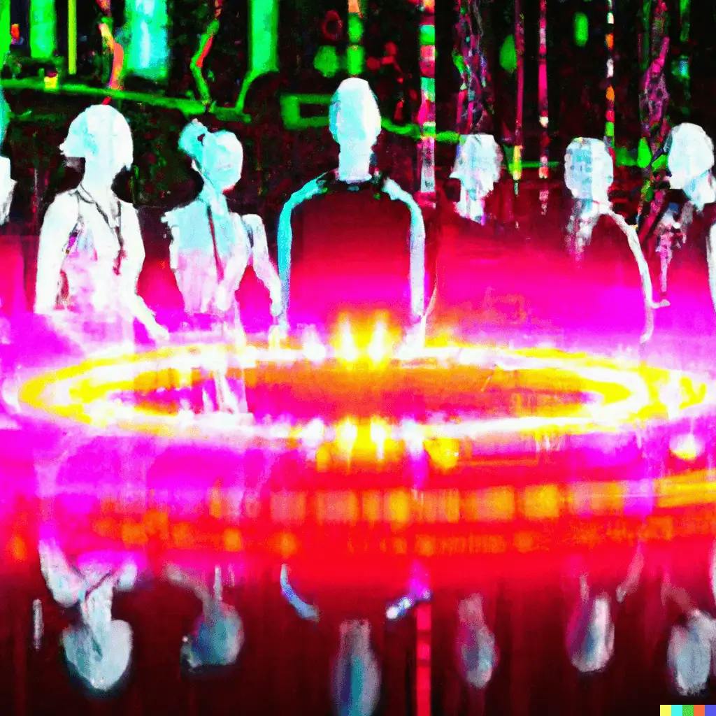 A futuristic digital art inspired by Blade Runner 2049. The artwork presents a group of people actively engaged in problem-solving and collaboration, surrounded by abstract neon-lit holograms symbolizing the key concepts of Scrum - flexibility, collaboration, continuous improvement, and role dynamics. The holographic symbols seem to encapsulate their concentration as they work together, highlighting the central theme of the blog post - the Scrum framework.