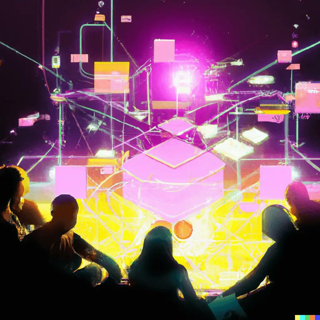 A Blade Runner 2049-inspired digital art captures the essence of a Scrum team engaged in thoughtful sprint planning. The holographic, neon-lit symbols around them manifest key themes from the post: collaboration, prioritization, task estimation, and sprint goals. The team is immersed in the planning process, their attention focused on the hovering symbols, each a distinct representation of the complex, yet rewarding aspects of sprint planning in Scrum.